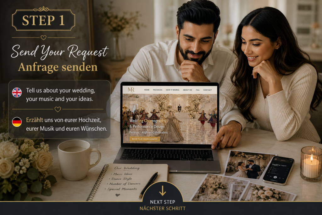 🇬🇧 Step 1 – Bride and groom planning their Persian or Afghan wedding choreography online on the Wedding Choreography & Performance Design website. 🇩🇪 Schritt 1 – Brautpaar plant seine persische oder afghanische Hochzeitschoreografie online auf der Website Wedding Choreography & Performance Design.
