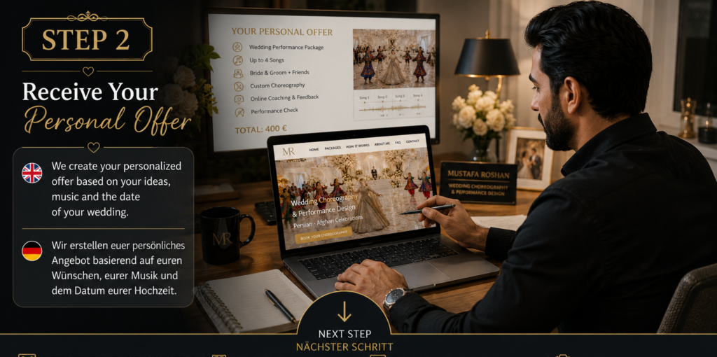 🇬🇧 Step 2 – Wedding choreographer preparing a personalized wedding choreography offer for a couple on the Wedding Choreography & Performance Design website. 🇩🇪 Schritt 2 – Tanzchoreograf erstellt ein persönliches Angebot für ein Brautpaar auf der Website Wedding Choreography & Performance Design.