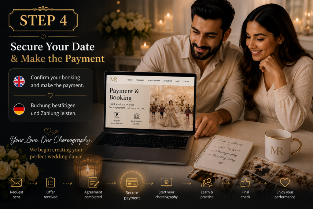 🇬🇧 Step 4 – Bride and groom confirming their wedding choreography booking and completing the online payment via the Wedding Choreography & Performance Design payment page. 🇩🇪 Schritt 4 – Brautpaar bestätigt die Buchung seiner Hochzeitschoreografie und bezahlt online über die Zahlungsseite von Wedding Choreography & Performance Design.