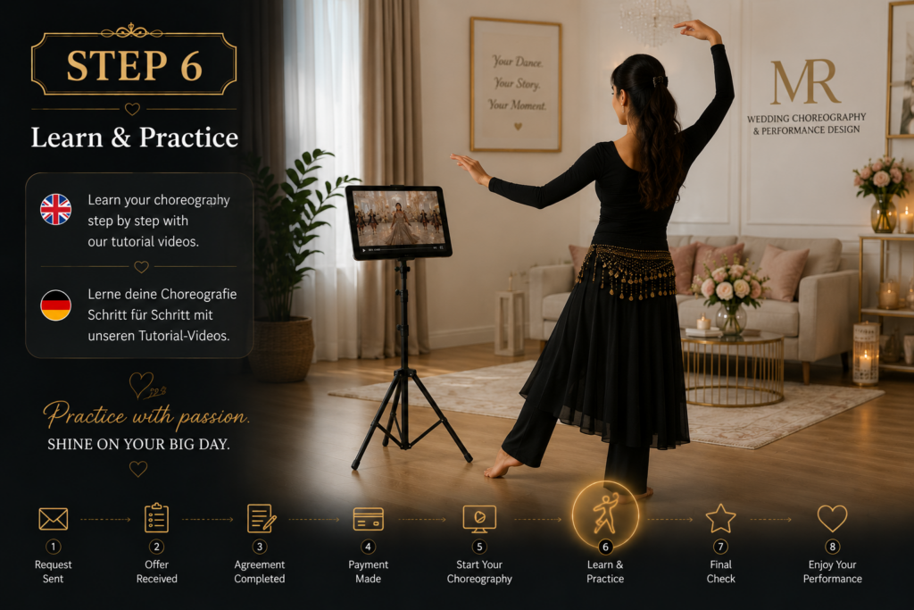 🇬🇧 Step 6 – Bride practicing her personalized wedding choreography at home while following online tutorial videos on a tablet from Wedding Choreography & Performance Design. 🇩🇪 Schritt 6 – Braut übt ihre persönliche Hochzeitschoreografie zu Hause mit den Online-Videolektionen auf einem Tablet von Wedding Choreography & Performance Design.