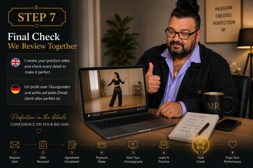 🇬🇧 Step 7 – Wedding choreographer reviewing the bride's practice video and giving personal feedback before the wedding performance. 🇩🇪 Schritt 7 – Hochzeitschoreograf prüft das Übungsvideo der Braut und gibt persönliches Feedback vor dem Hochzeitsauftritt.